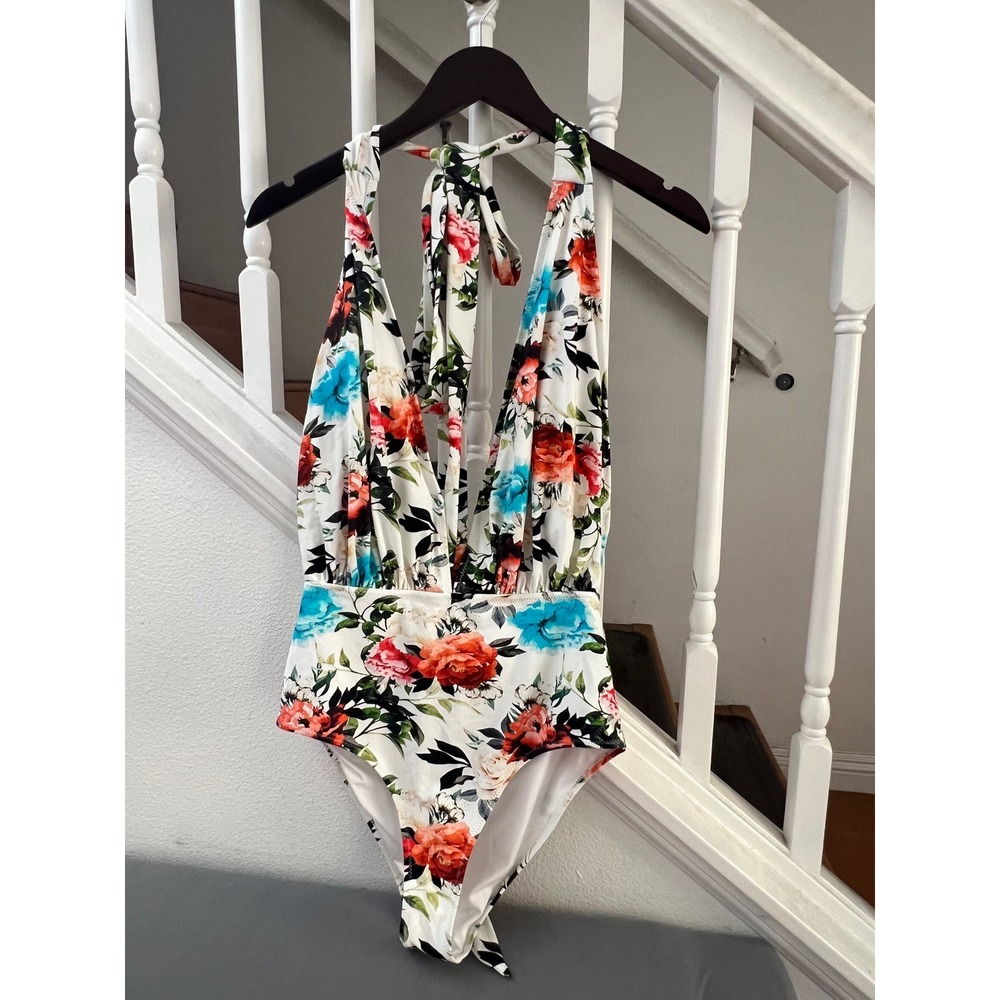 Cupshe Floral Halter One Piece Swimsuit White Blue Red Rose Plunging Neck Size M